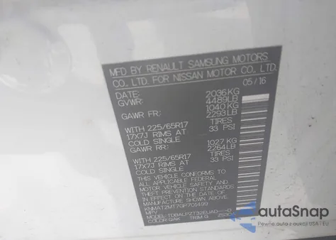 2016 Nissan Rogue S/Sl/Sv z USA, uszkodzony, nr VIN KNMAT2MT7GP701499